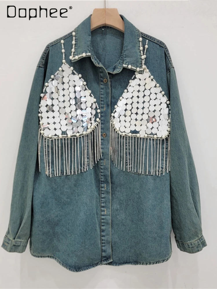 

Heavy Industry Tassel Sequins Denim Shirt Female 2024 Spring and Autumn Loose Long Sleeve Shirt Single Breasted Street Jacket