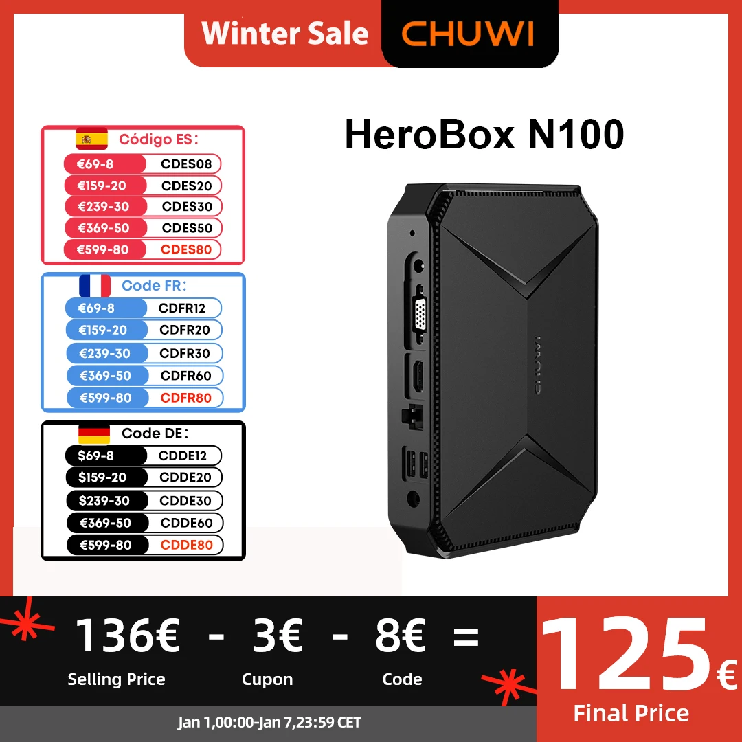 CHUWI Herobox Mini PC Intel 12th N100 Quad Core 8GB LPDDR5 256G SSD Windows 11 Wifi 6 Bluetooth 5.2 Wtih HD Port VGA 3.5mm Port