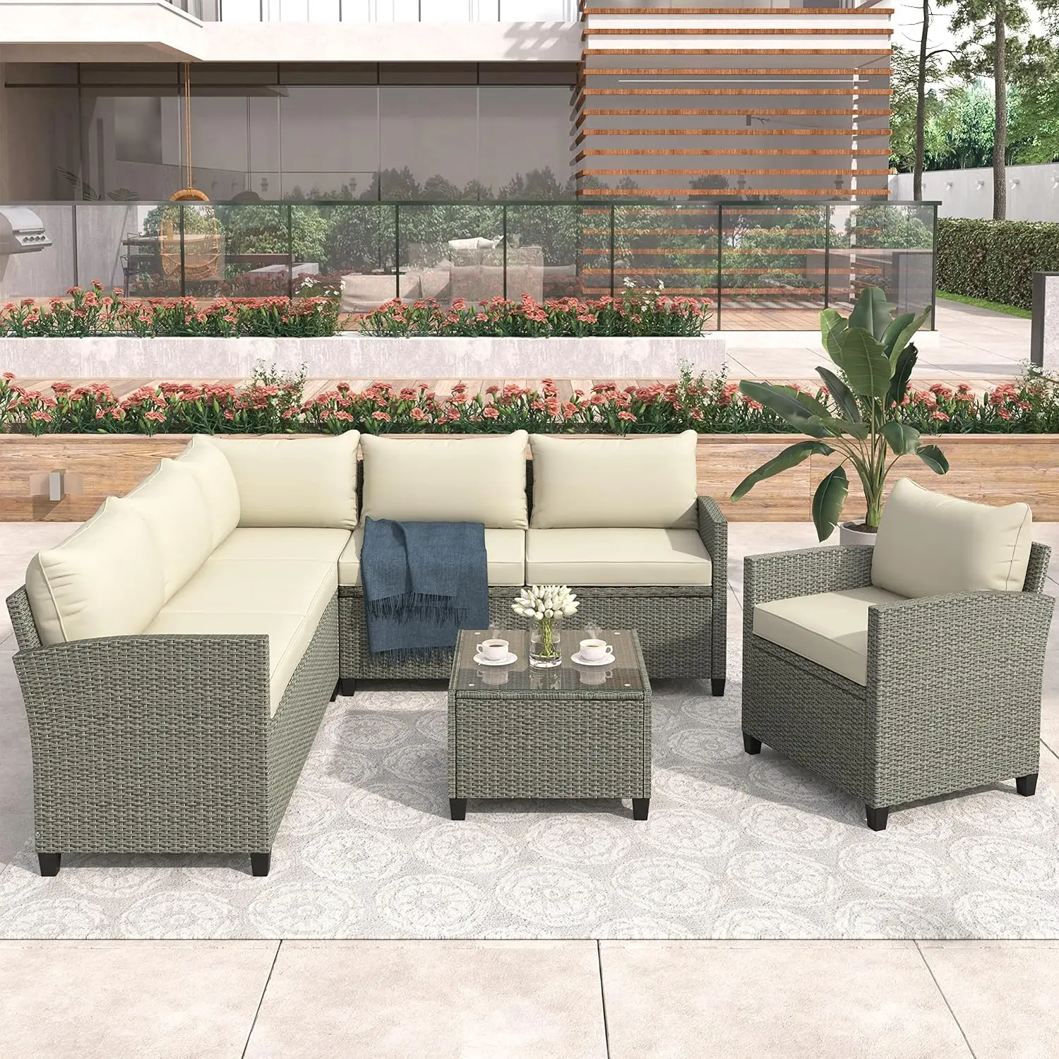 5 Piece Outdoor Patio Furniture Set With Coffee Table & Cushions, Customized