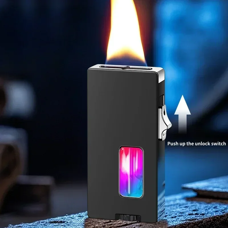 Hot Wide Free Fire Seven Hole Outlet Gravity Sensing Shake Ignition Lighter LED Visible Gas Window Butane Gas Electric Lighter