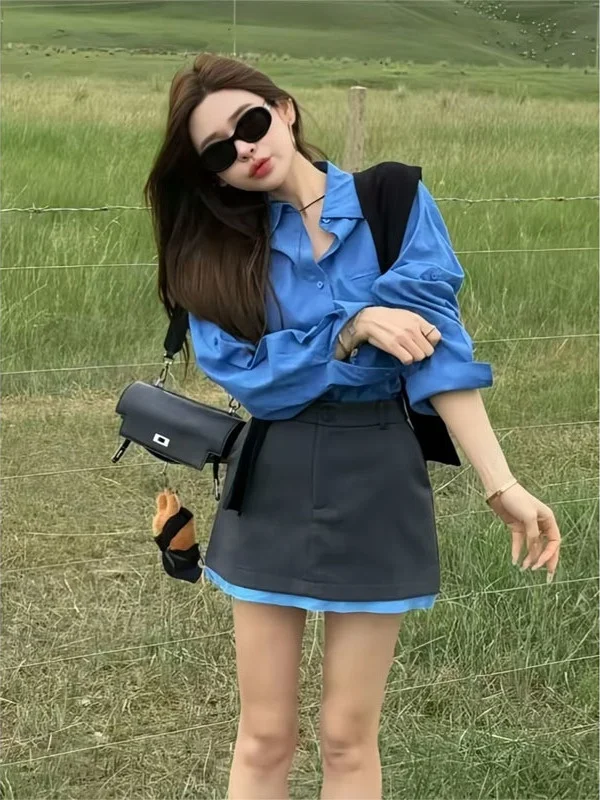 

Early Autumn Klein Blue Long Sve irt And f Skirt Set Women's Faion Korean Sle High Waist Commute Sle Tee Piec...