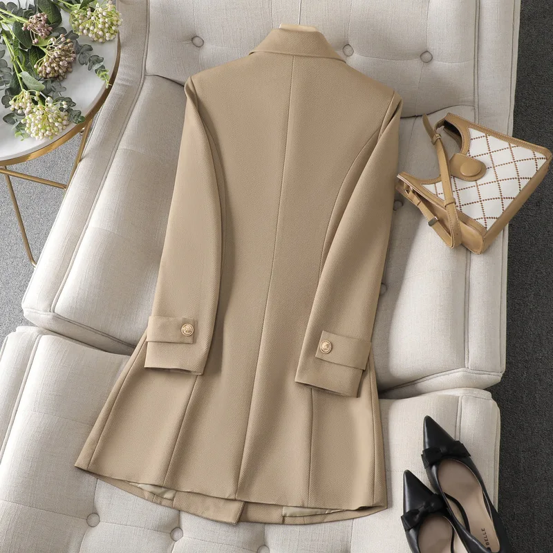 New Women Formal Blazer Coat Autumn Winter Jacket Female Double Button Office Coat Ladies Work Wear Mid Long Blazer Outerwear