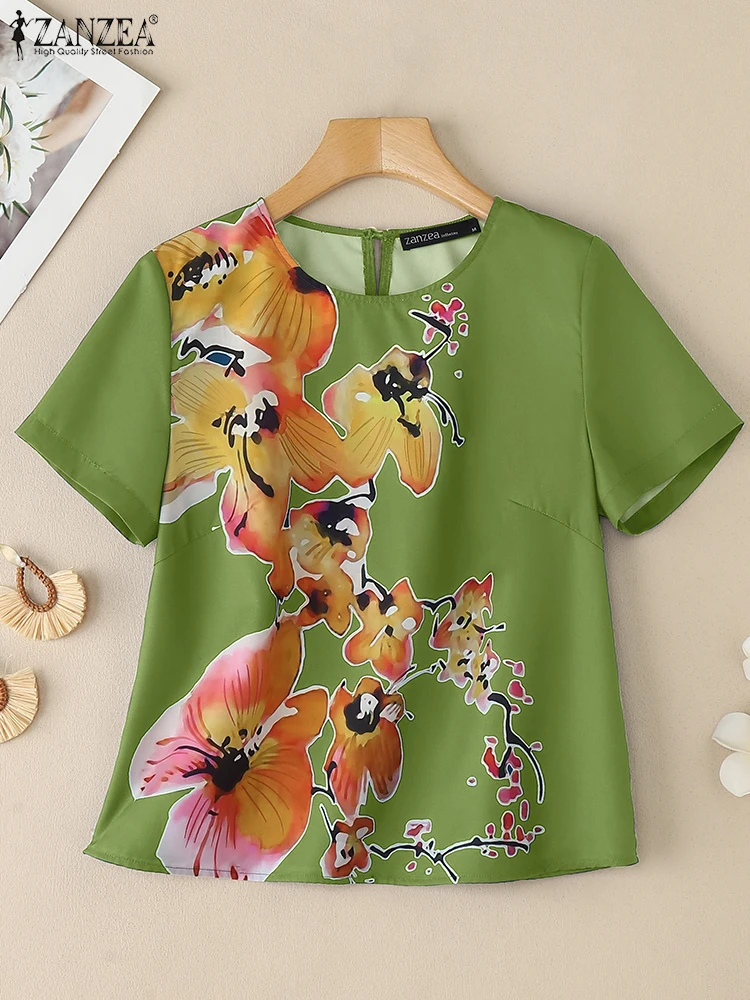 

ZANZEA женские повседневные блузки с цветочным принтом, лето 2022, Blusas Mujer с круглым вырезом и короткими рукавами, одежда для отдыха, простые топы-туники