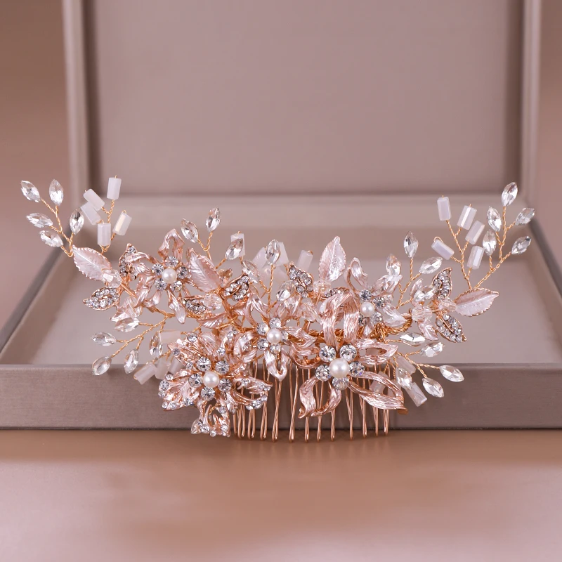 Modne różowe złoto Rhinestone ślubne grzebienie do włosów akcesoria do włosów dla nowożeńców kryształowa chluba ozdoby do włosów ślubna biżuteria do włosów