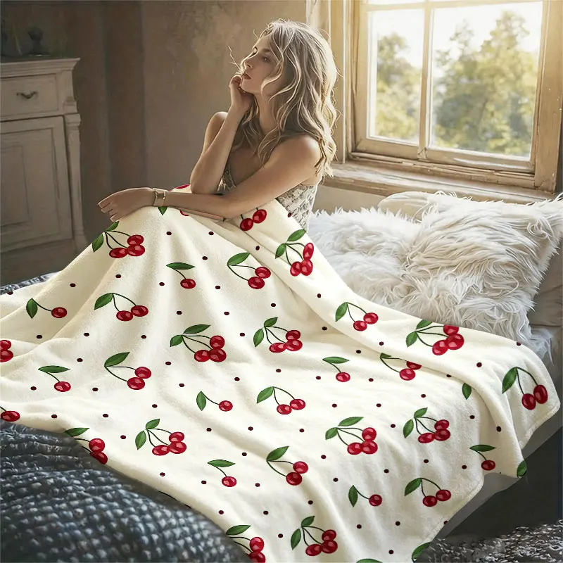 Cherries Polka Dots Cream Flannel Blanket Perfect for Sofa Office Bed Travel Sleep Read Relax Camping Four Season Use