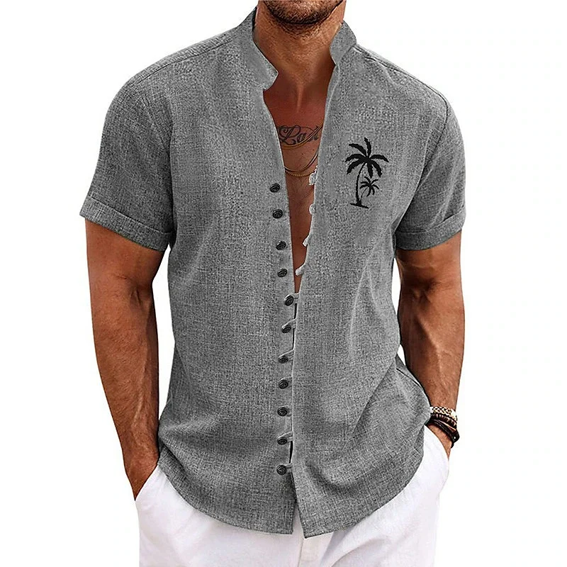 Men's Fashion Linen Stand up Collar Shirt Solid Color Chest Coconut Tree Printed Short Sleeve Seaside Leisure Vacation Shirt