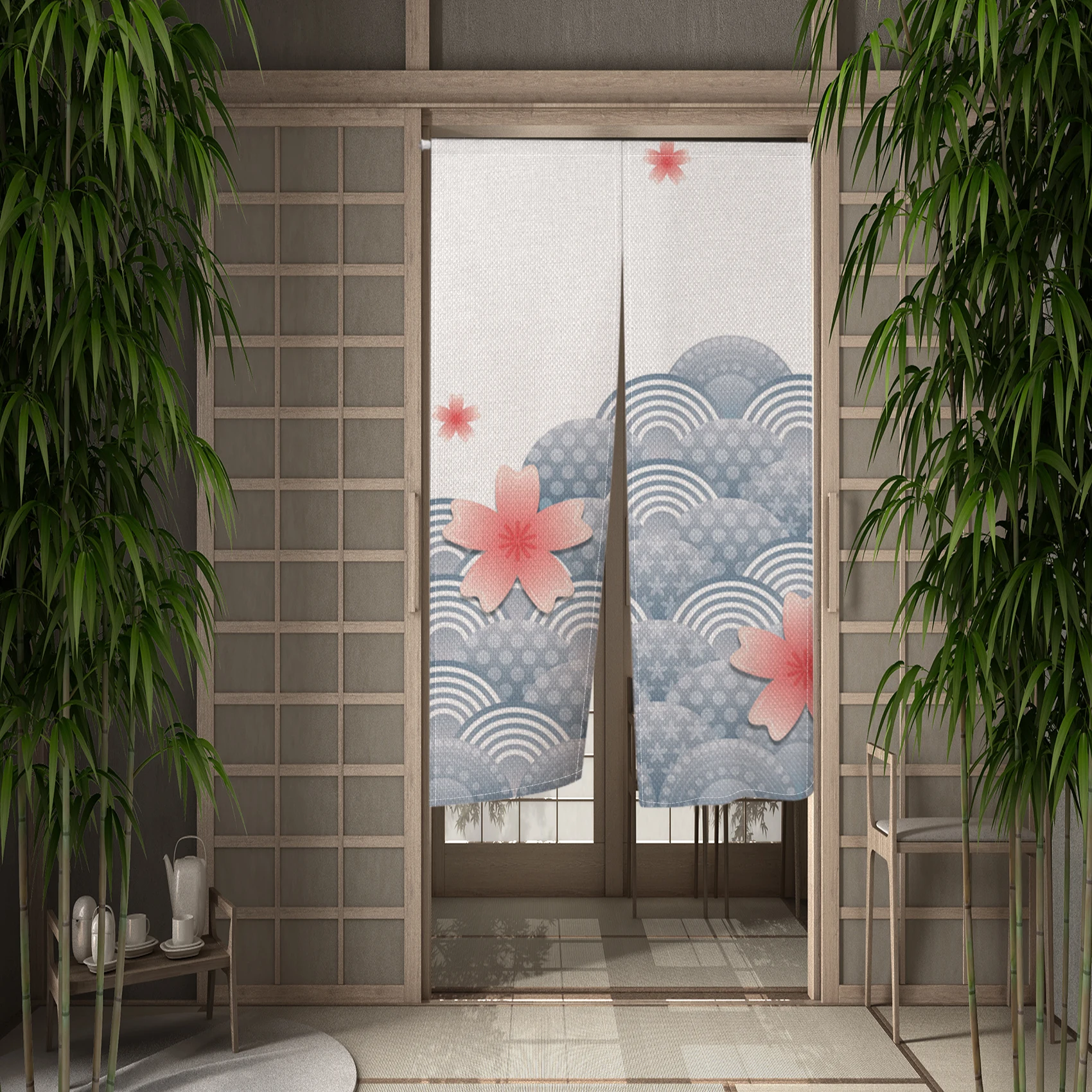Japanese Cherry Blossom Door Curtains Wave Koi Fish Linen Doorway Curtains Home Decor Room Divider Minimalist Noren Door Curtain