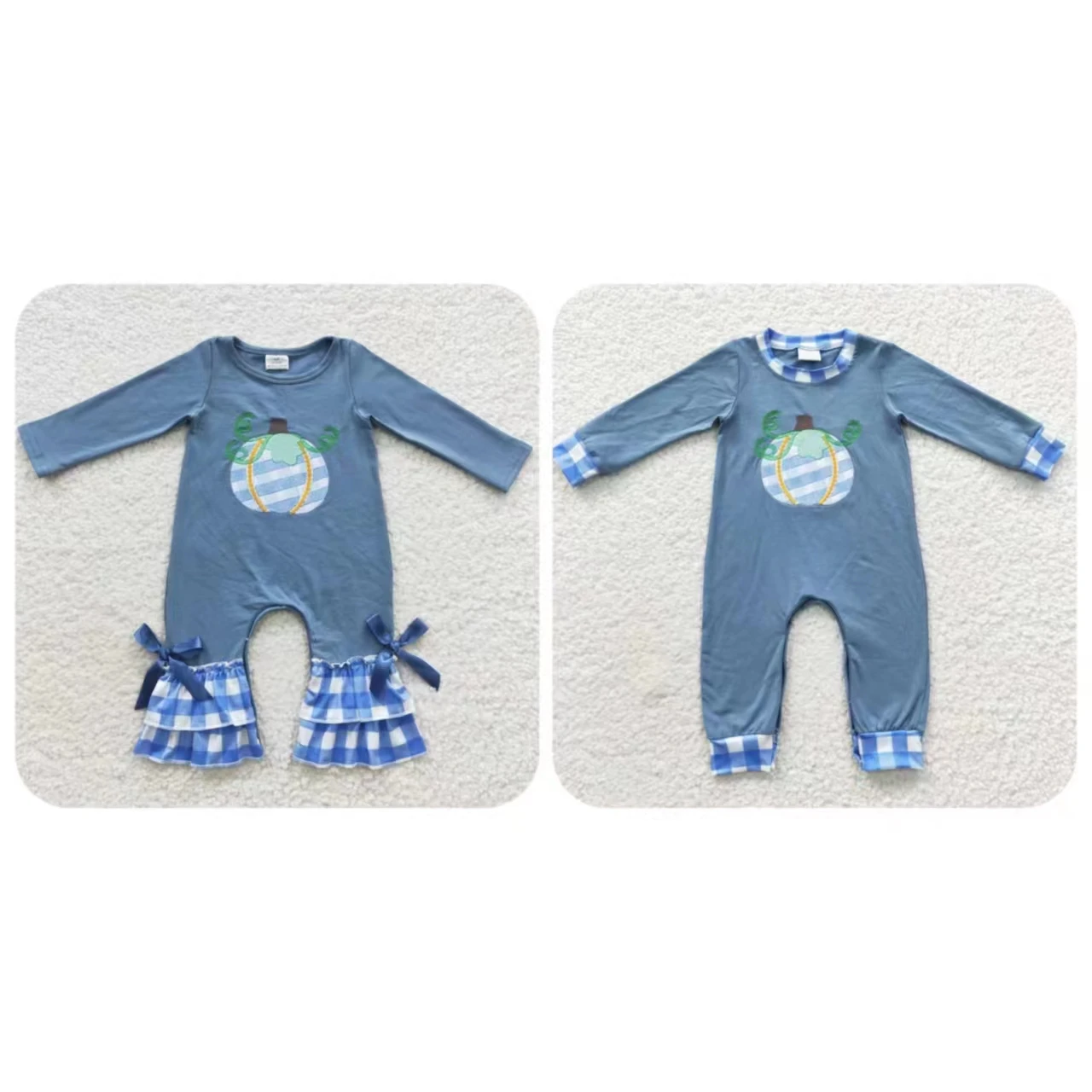 

Wholesale Embroidery Pumpkin Snap Button Kids Long Sleeves Blue Cotton Toddler Newborn Baby Boy Girl Jumpsuit Children Romper