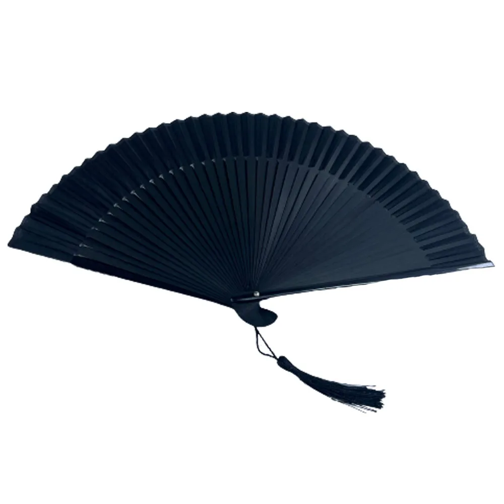 Japanese Black Folding Fan Chinese Vintage Bamboo Shank Classical Dance Fan Tassel Elegent Female Hand Fans Home Decorative