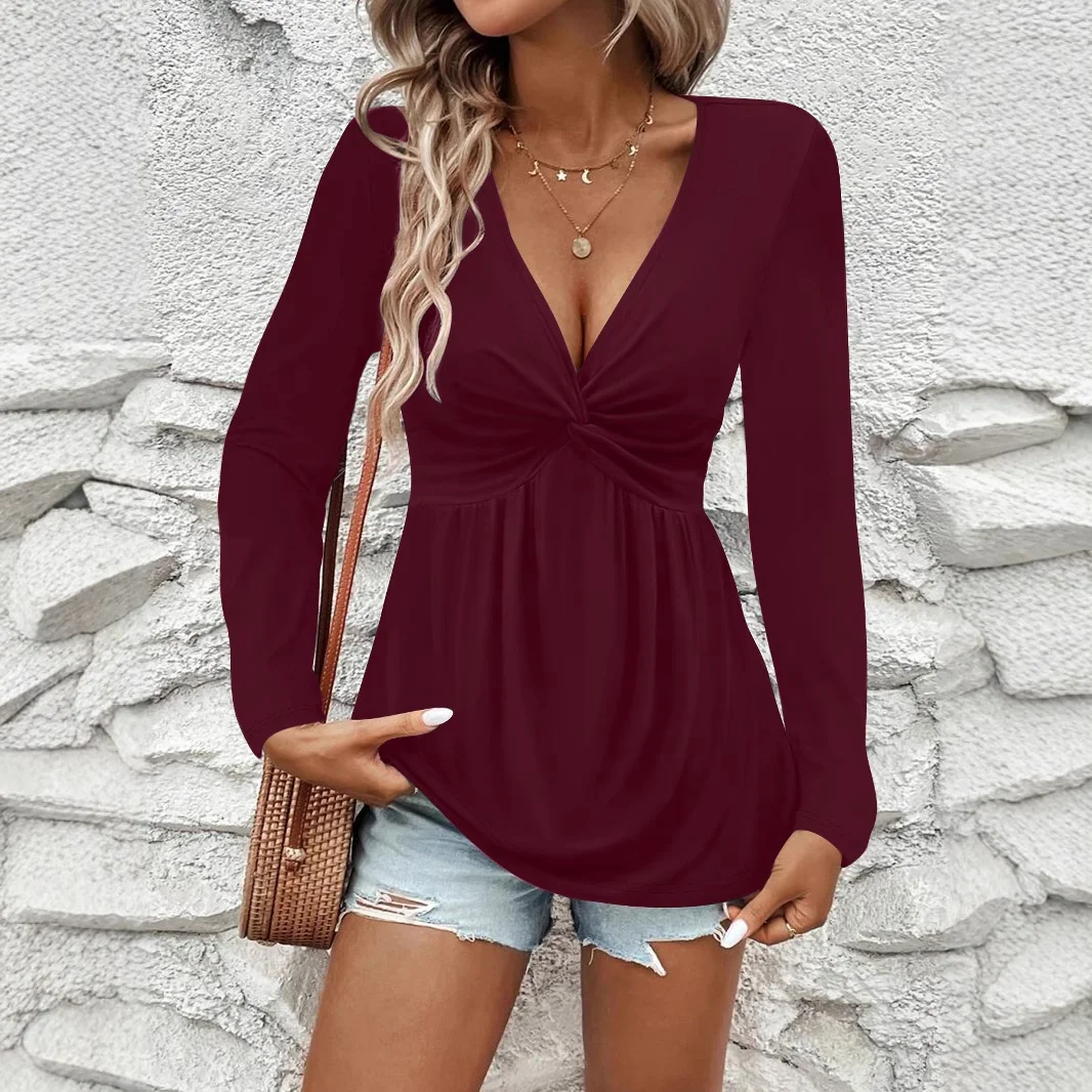 Pure Color Long Sleeve V-Neck Women's T-Shirt Twist Knot Independent Station Autumn Winter New Arrival Breathable Comfortable...