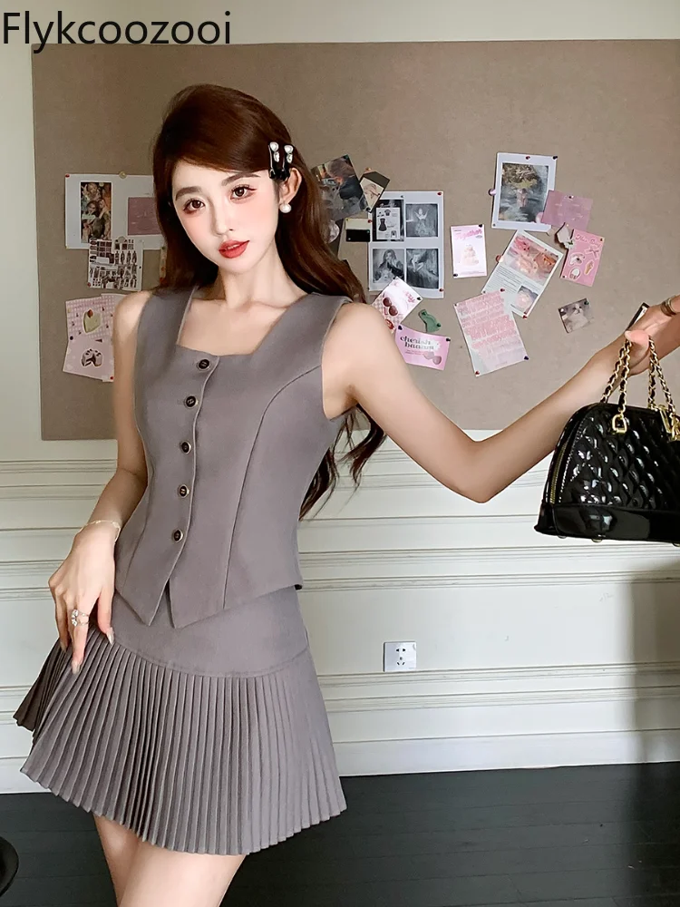 Senior Temperament Square Collar Sleeveless Suit Top Women's High Waist Pleated Skirt Two-piece Set Conjuntos Feminino Elegante