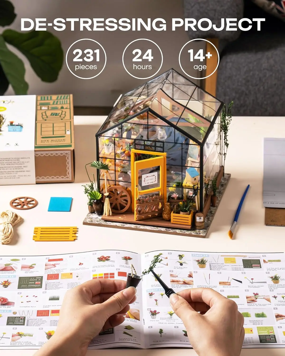 Rolife Mini Green House Cathy\'s Flower House DIY Dollhouse Wooden Miniature Furniture Kit with LED Best Birthday Gifts