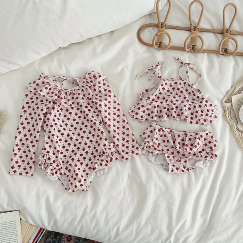 2026 Summer 2Y-9Y Children Girls Sweet Cherry Print Swimsuit Ruffle Long Sleeve One-piece Kids Swimwear Beachwear