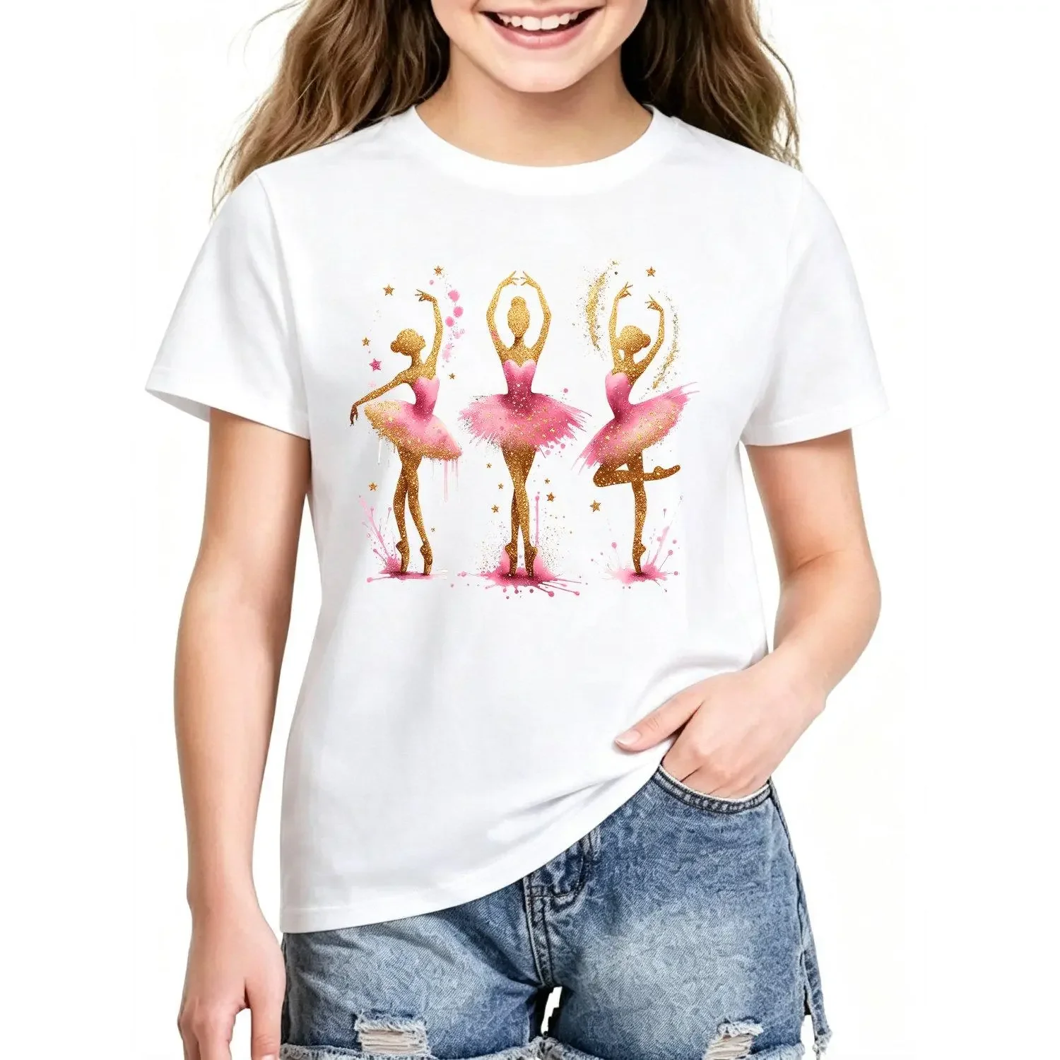 Girls T Shirts Print Design Not Textured Summer Fashion Short Sleeve with 3pcs Ballet Dancer Cartoon Pattern Print Casual Versatile Girls Tops