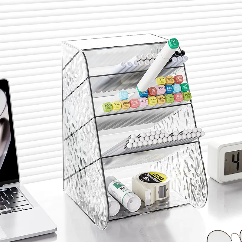 Large Capacity Slanted Pen Holder Transparent Desktop Organizer for Students Desk Storage Stationery Organizer with Compartments