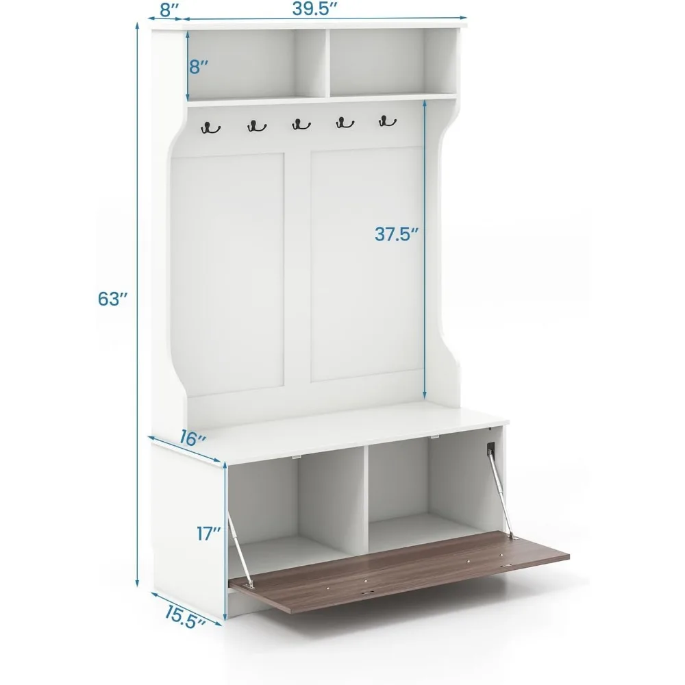 Multifunctional Entryway Coat Rack with Storage Bench and 5 Hooks, Freestanding Wooden Hall Tree for Home