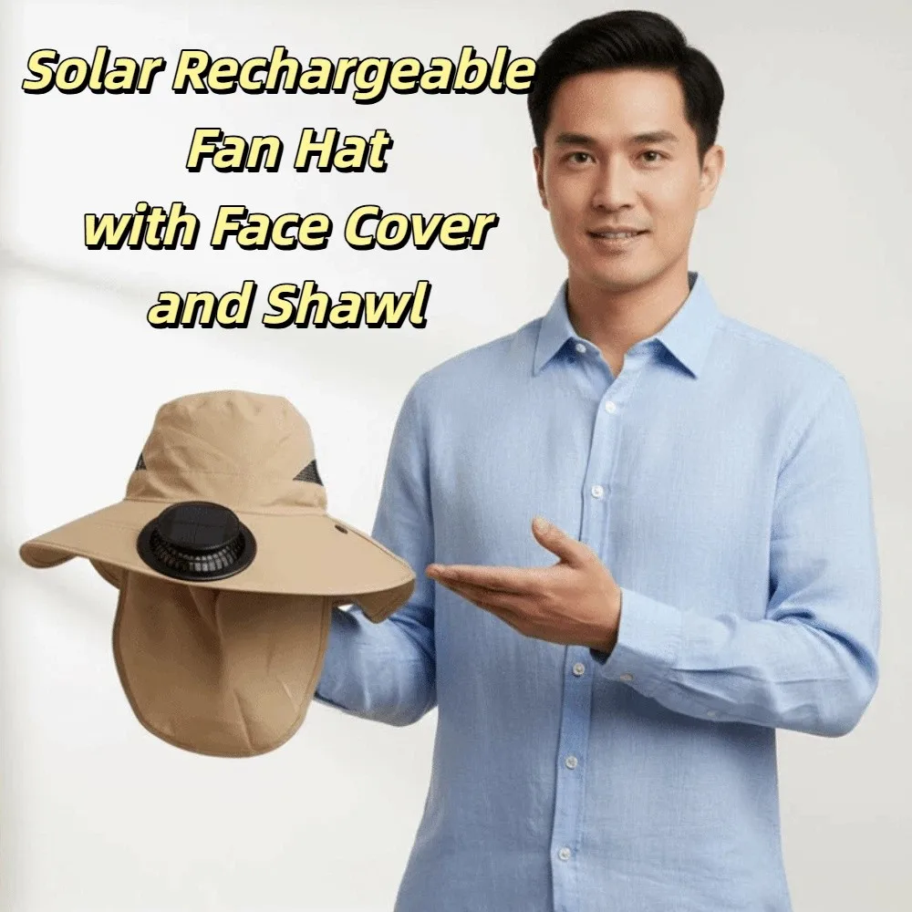Portable Solar Rechargeable Fan Hat Long-lasting Adjustable Fishing Sun Shading Cap with Face Cover 300mA Wide Brim Fan Hat