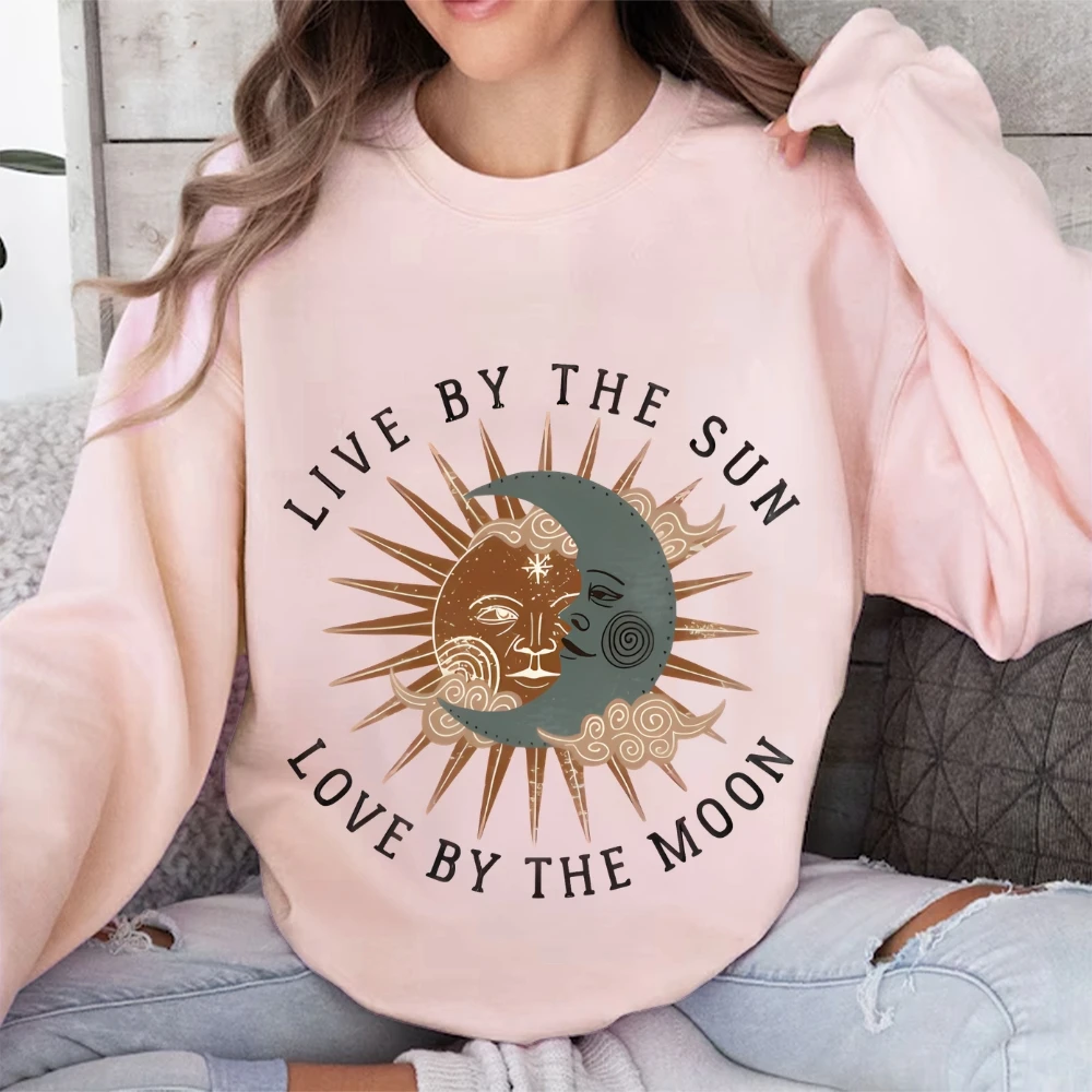 Kadın tişörtü Trendy baskılı Hoodie tarafından canlı güneş aşk ay kazak Boho ay Jumper göksel üst kış için