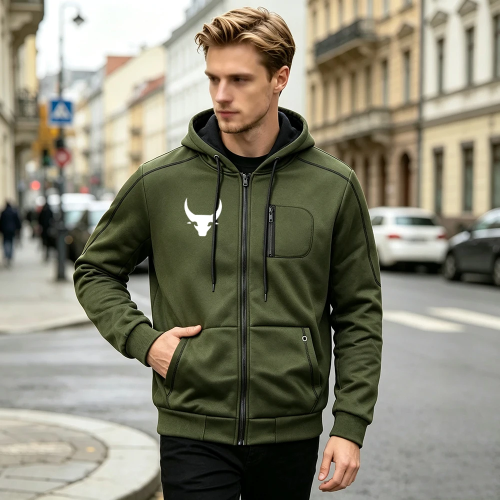 Men's Full Zip Up Drawstring Hoodie Jacket Chest Zipper Pocket Casual Long Sleeve Bull Head Silhouette Print For Daily Workout
