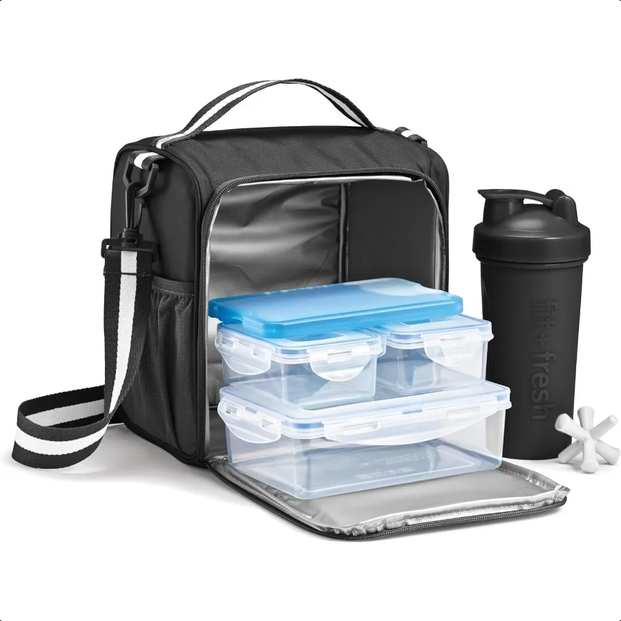 Pudełko na lunch BREE Meal Prep z pojemnikami, pakietem chłodzącym i butelką do mieszania dla kobiet i mężczyzn, 6 szt. Zestaw do przygotowywania posiłków Torba na lunch z pojemnikiem