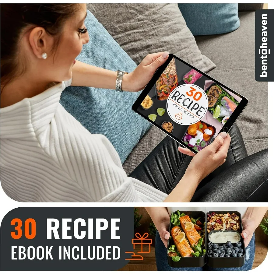 صندوق غداء ممتاز للبالغين من بينتو بوكس مع حجرات للنساء والرجال، مجموعة من أواني وعيدان تناول الطعام وحاوية غمس، يابانية لطيفة