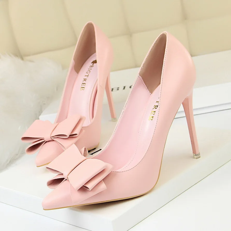 2024 Korean Fashion Sweet High Heels Show Slim Notch Bow Tie Single Wedding Pumps Heeled Shoes Women туфли женские женская обувь