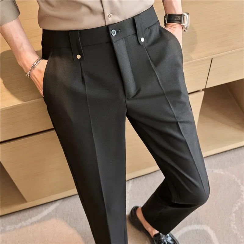 Mens Suit Pants 2024 Spring New British Style Elastic Waist Solid Casual Formal Dress Pants Slim Fit Trousers for Men Clothing