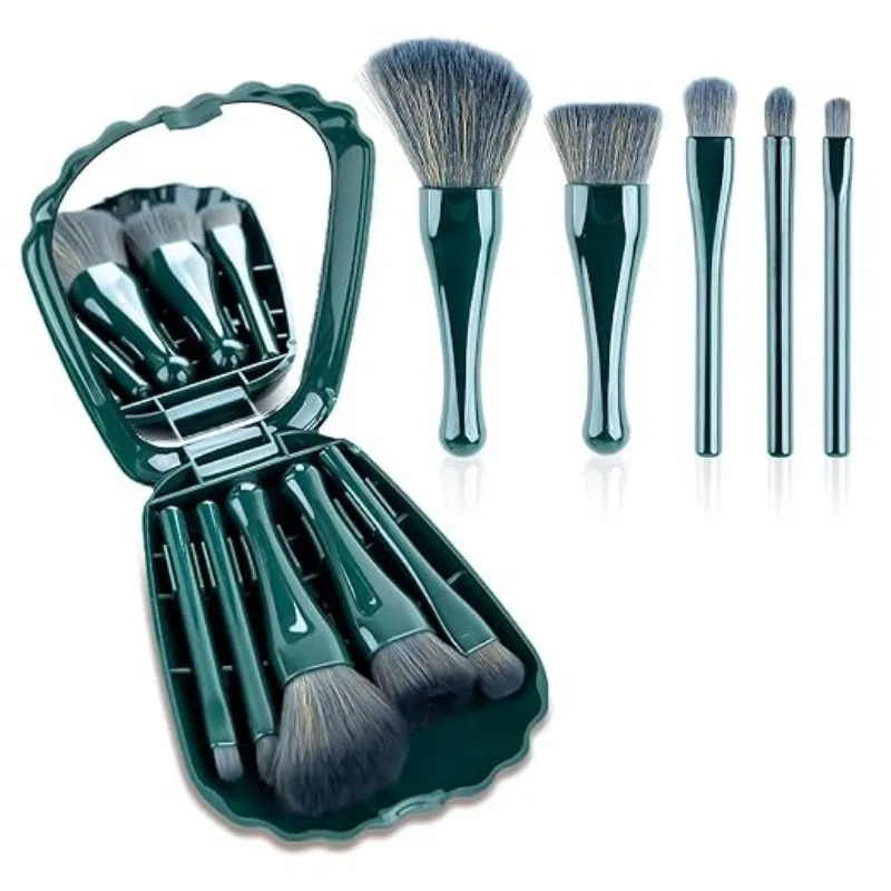5 pçs mini pincéis cosméticos de função completa com escudo espelho portátil conjunto de pincéis de maquiagem de viagem kit de pincéis cosméticos com caso