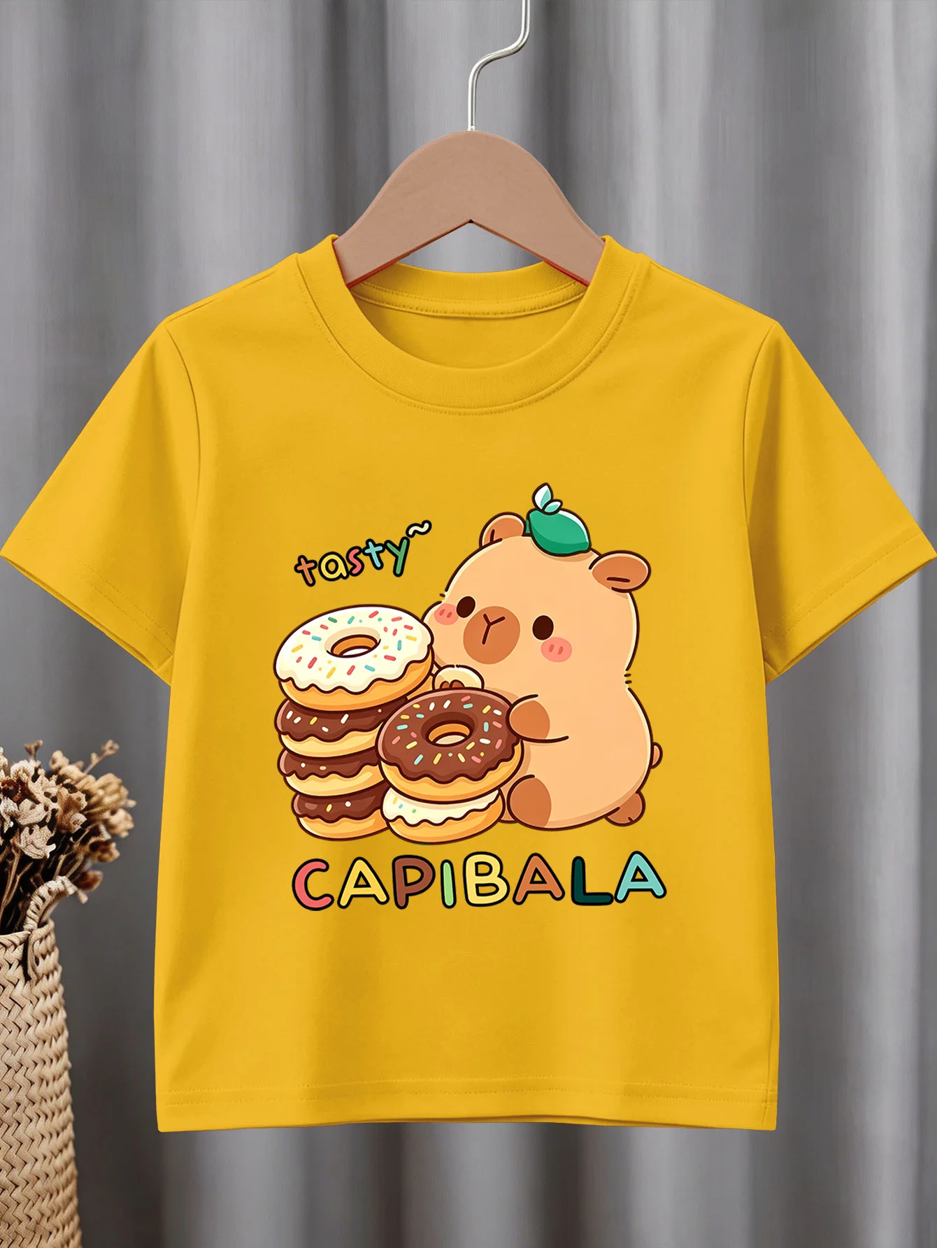 Cute Donut Capybara Tasty Letter Print Graphic Kids Tee Boys Girls Family Matching Cotton Crew Neck Short Sleeve Soft Summer Tee