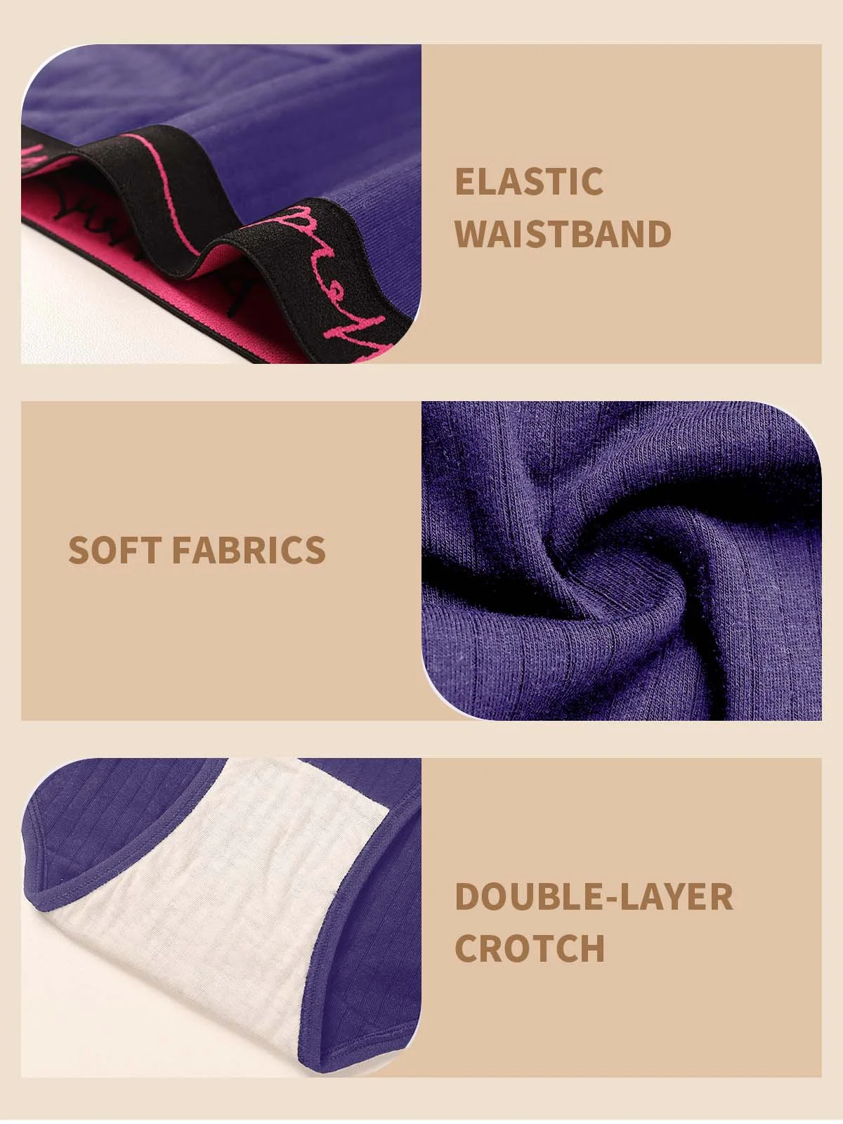 Calcinha boyshort plus size para mulheres, textura canelada roxa, roupa íntima confortável com cintura preta com letras, design elegante