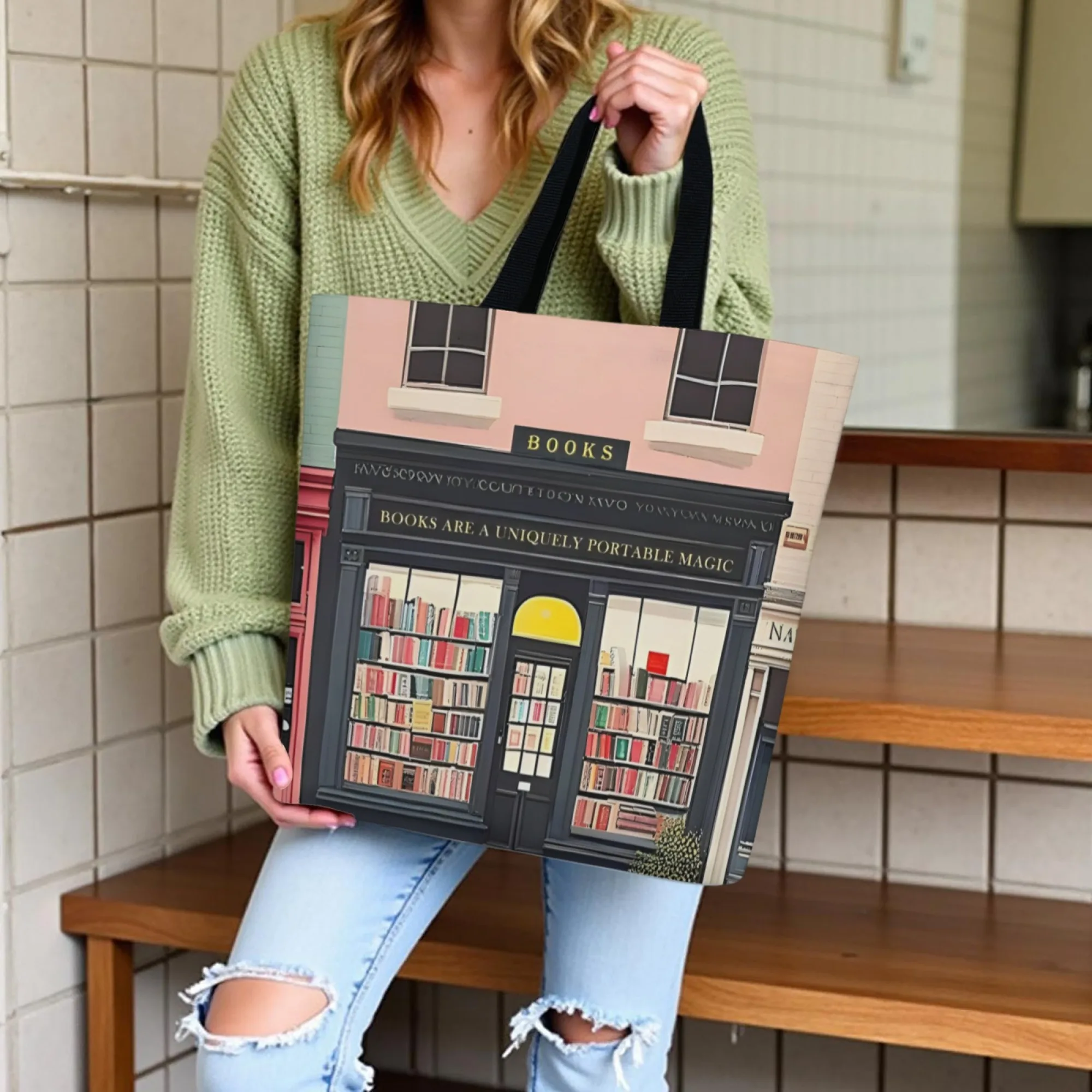

1 Pc Vintage Bookstore Tote Bag Large Capacity Shoulder Bag Book-Themed Design Durable for Women Literary Gift for Graduation