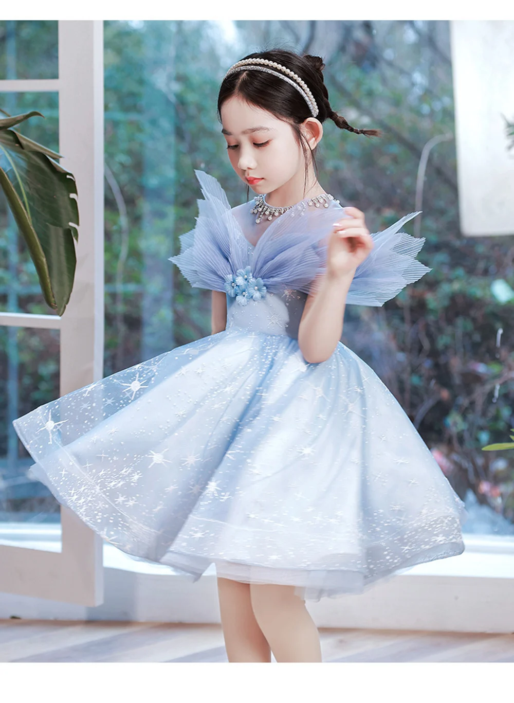 3-8T Girls Blue Princess Dresses Sweet Knee-Length Beading Tassel Collar Flower Girls Dress Piano Performance Vestido