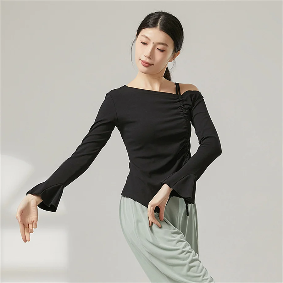 المرأة الكلاسيكية الرقص أعلى مضيئة طويلة الأكمام الرباط الجاز الباليه التدريب قميص الرقص الحديث القطن الصينية الرقصات الشعبية الأعلى #5