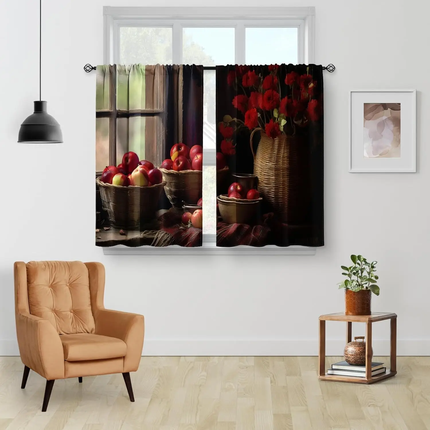 Still Life Curtain Red Apples and Flower Vase Print for Kitchen Window Art Decor
