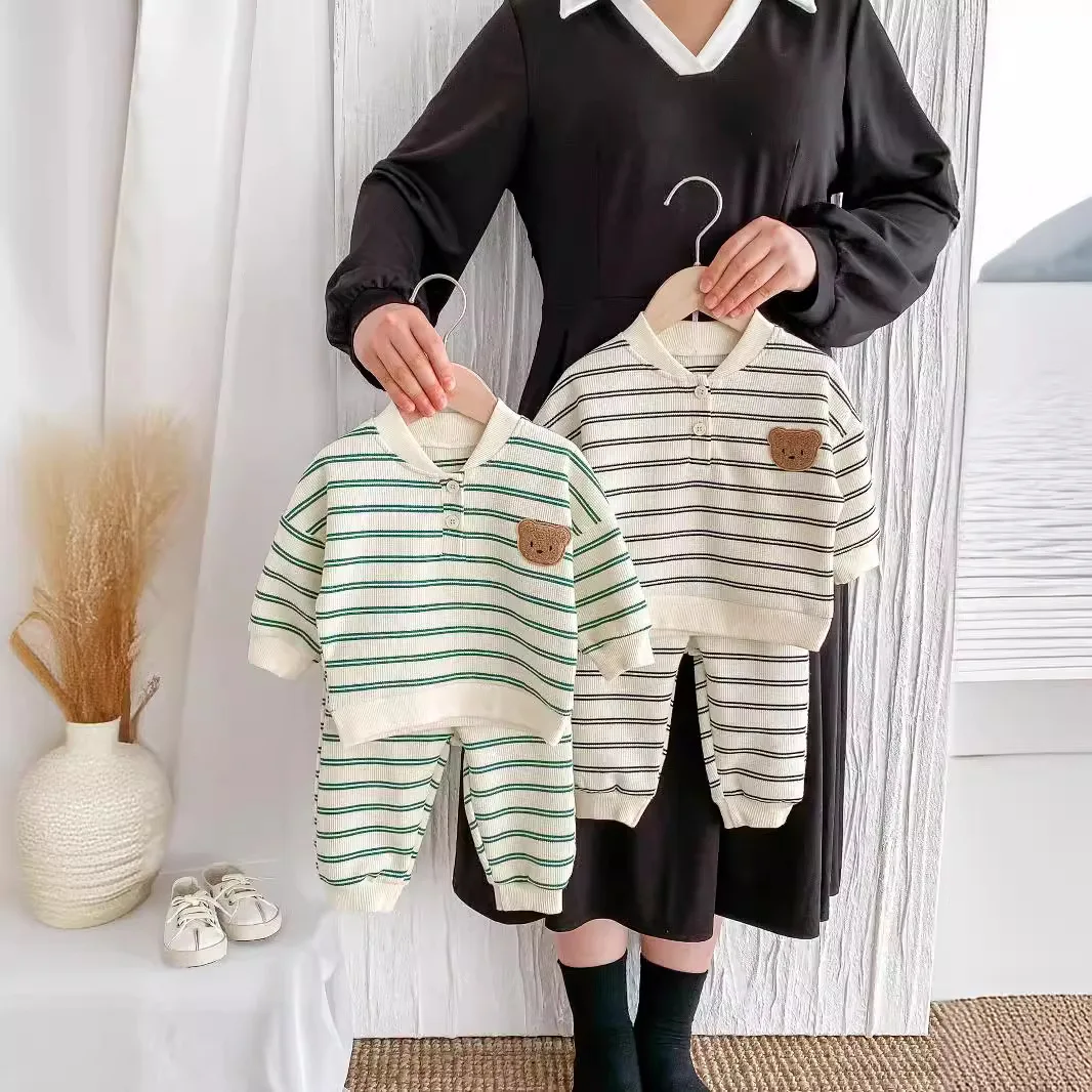 2024 Autumn Set Infant Toddler Striped Cartoon Long Sleeve Sweatshirt Boys Girls Baby Pullover Casual Top + Pants