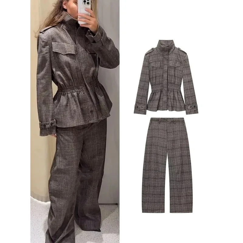

ZHIO Women Plaid Coat Pants Set Casual Waist-cinching Stand Collar Vintage Jacket 2026 spring summer Fashion Trousers Suit