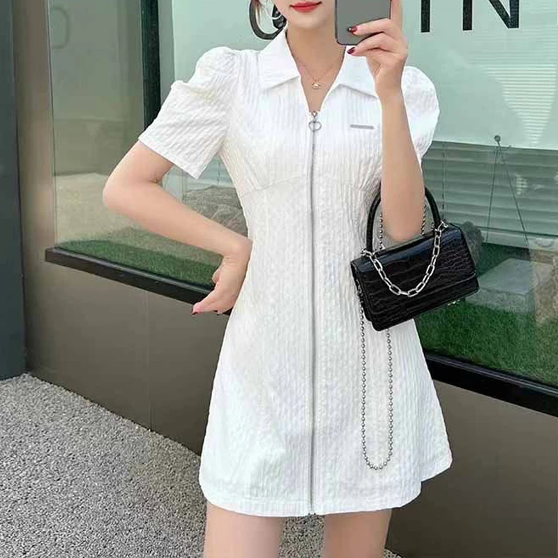 Summer Fashion Retro French Style Black White Chic Elegant Dresses for Women Casual Zipper Short Sleeve Slim Midi Dress Vestidos