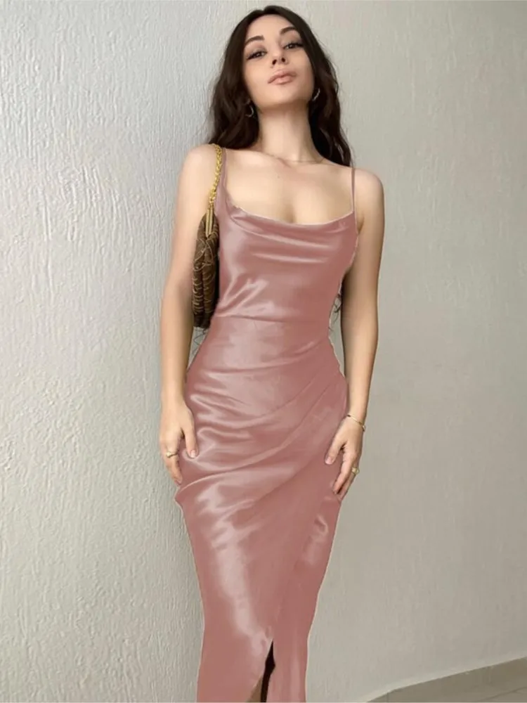 

Woman' New Sexy Low-cut Satin Split Strap Dresses Summer Elegant Trendy Slimming Backless Dress For Women Trendy Hot Girl Style