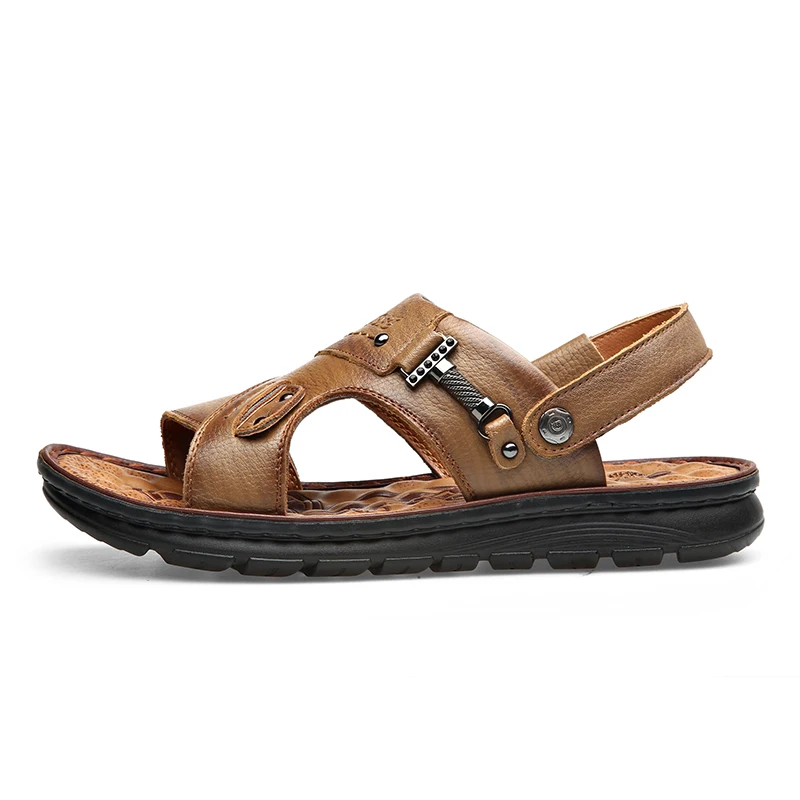 Sandalias de piel auténtica para hombre, zapatillas de playa, zapatos de plataforma suave para exteriores, zapatillas de doble uso, talla grande 45