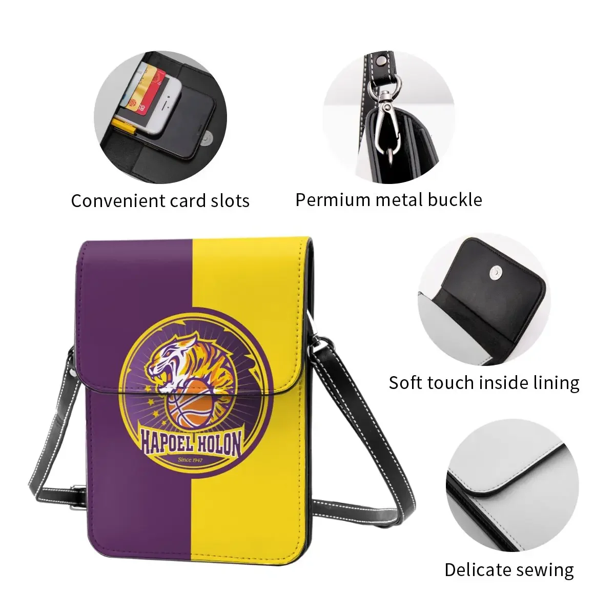 Hapoel Holon Cartera cruzada de baloncesto, bolso para teléfono móvil, bolso de hombro, bolso para teléfono móvil, correa ajustable