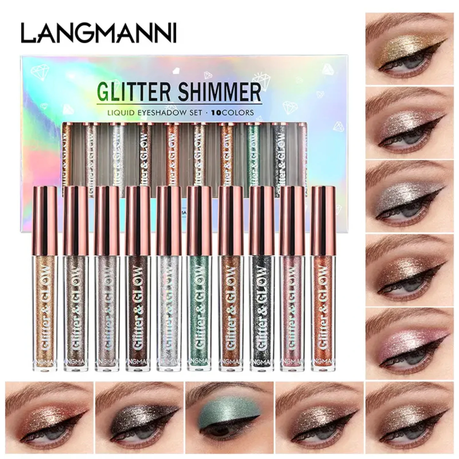 10-Piece Set Sparkling Diamond Liquid Eyeshadows for Glamorous Look