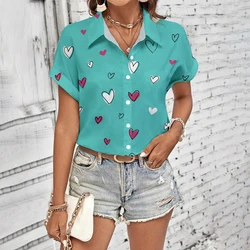 Women Shirts & Blouses Heart-Shaped Printing Fashion Shirts 2024 Summer Leisure Short Sleeved Shirts Loose Fitting Shirts