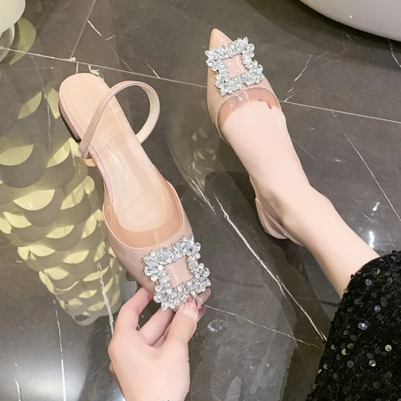 Stiletto Sandals Women's Back Empty New Pointed Toe Shallow Slip Rhinestone Buckle Kitten Heel Strap Baotou High Heels