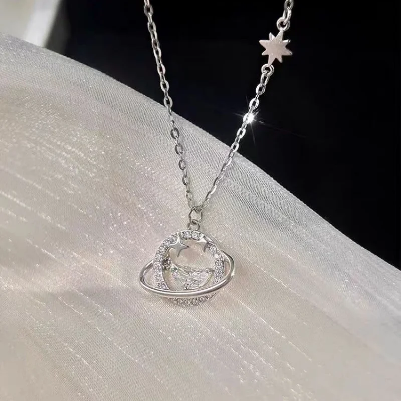 S999Pure Silver Universe Star River Necklace Female Affordable Luxury FashioninsWind Design Pendant Clavicle Chain