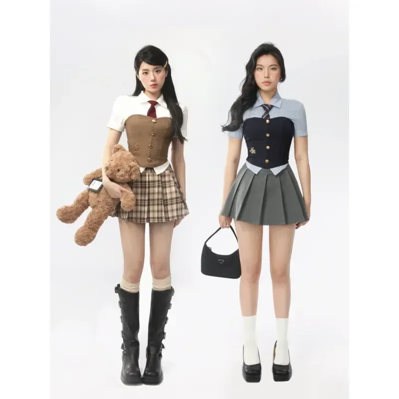 Hot Vest Pleated Sexy Japanese Tube Short-sleeved Suit School Y2k Uniform Corset Top Girl Women Korean Shirt