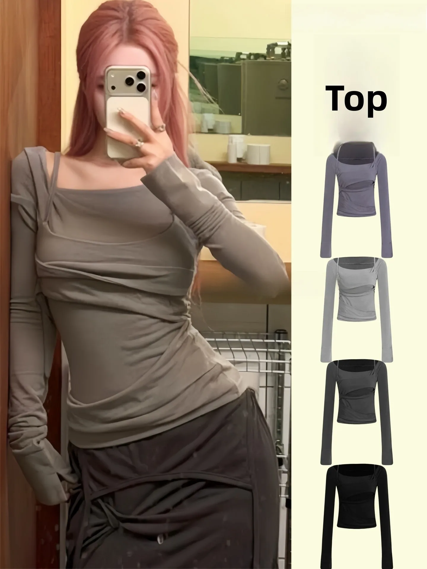 Flareup Irregular Long Sleeve T-Shirt Slim Fit Spicy Girl Spring Summer Women's Fashion Cotton Square Collar Other Material