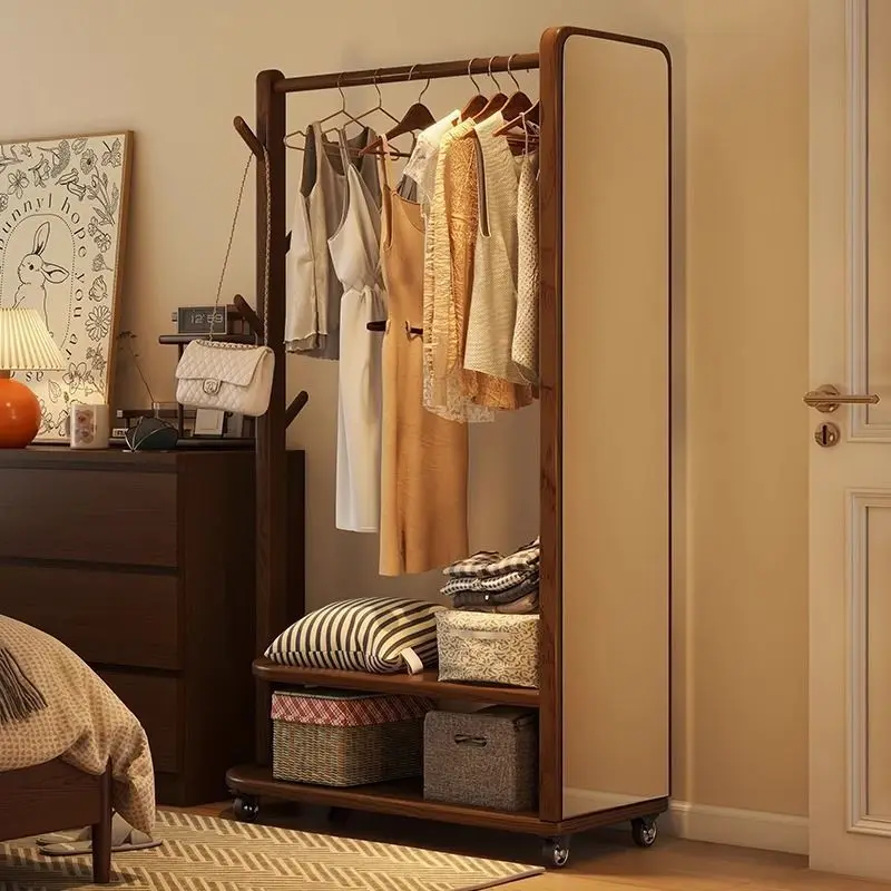 

Solid wood coat rack, full body try-on mirror, mobile floor bedroom rack