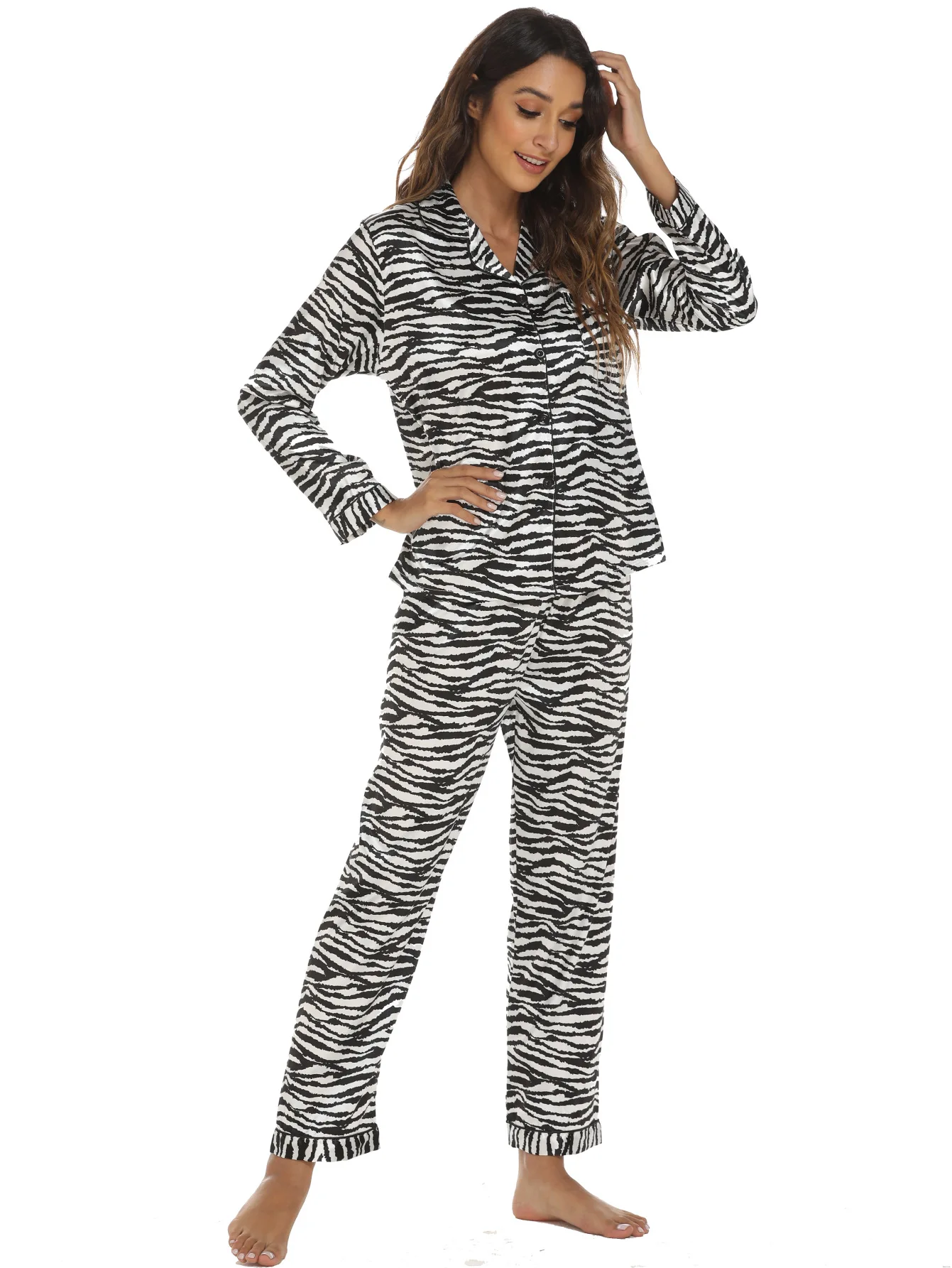 Silk Pajamas Set For Women Sleep Lounge Wear Female Pyjamas Leopard Fashion Lady Long Sleeve+Pants Nightwear Sexy Spring