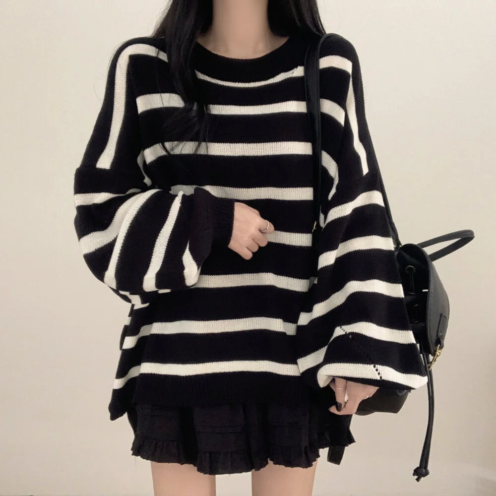 

Loose Korean Sle Striped Knitwear Long Sve Overhead Lantern Sve Mid-Length Sweater Spring Autumn Women's Faion