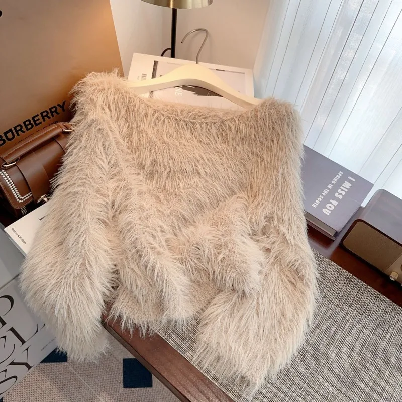 Design Off-shoulder Imitation Mink Fleece Sweater Women's Autumn Winter Soft Waxy Fluffy Knitted Sweater Long-sleeved Short Top